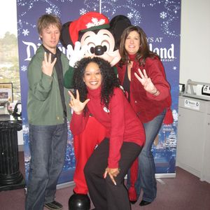 Kellie with Jonathan Berry, Mickey Mouse and a Disney Ambassador while promoting the Disneyland Castle Lighting Show in 2008