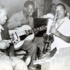 Sam Hughes, Charlie Christian, Leslie Sheffield and Dick Wilson at a jam session at Ruby's Grill in Oklahoma City.