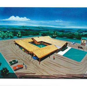 A rendering of Conway Twitty's Twitty Burger restaurant in Oklahoma City reveals what the property would look like from above.  Notice that the wrap-around drive-in carport is shaped like the letter C while the restaurant itself is shaped like the letter T.