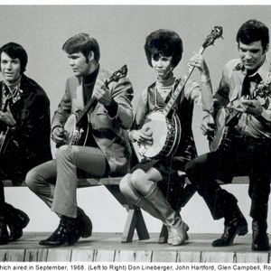 (Left to Right) Don Lineberger, John Hartford, Glen Campbell, Roni Stoneman, Steve Martin and Mason Williams performing in the Summer Smothers brothers Show which aired in September, 1968