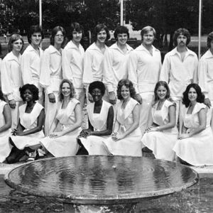 Reba McEntire (front row, fifth from the left) poses with the singing group the Chorvettes at Southeastern Oklahoma State University.
