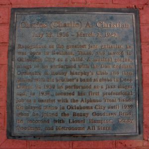Charlie Christian's  historical marker in Deep Deuce stands on the corner of 2nd Street and Central. The marker is in the sidewalk.  Jimmy Rushing's marker is on the opposite corner.  