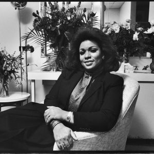 Renowned soprano, Leona Mitchell, in her dressing room at the Metropolitan Opera after her debut as Leonora in Verdi's opera "La Forza del Destino."