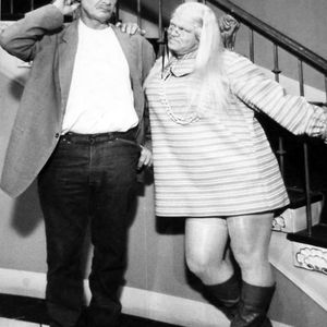 Publicity photo of Buddy Ebsen (Jed Clampett) and singer Roy Clark (dressed as a woman) for the television program "The Beverly Hillbillies" in 1968.  Clark is dressed as the character Myrtle Halsey.  