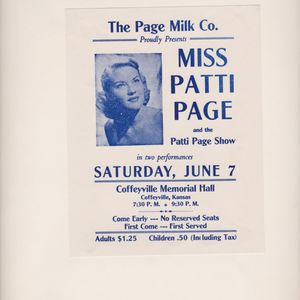 Poster advertises a live performance by Miss Patti Page.