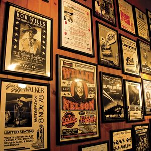 Cain's Ballroom in Tulsa pays homage to its rich history with posters advertising past shows including ongoing annual celebrations of Bob Wills' birthday.
