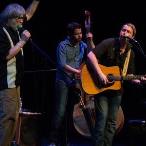 Tom Skinner onstage with John Fullbright and David Leach at Fullbright's 2014 CD release show at Mitchell Hall in Edmond.