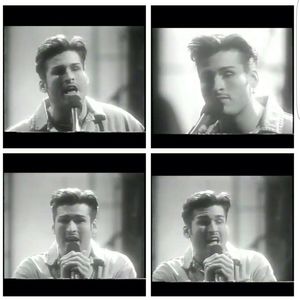 Photos of Bryan Abrams singing on-screen during the late-night TV show "Arsenio Hall," 1992