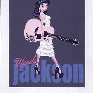 A poster depicting rock and roll artist Wanda Jackson with her pink guitar.