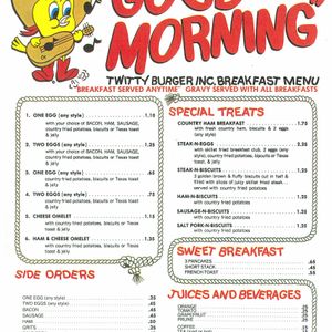 The breakfast menu at Twitty Burger included homestyle favorites like pancakes and a country ham plate.