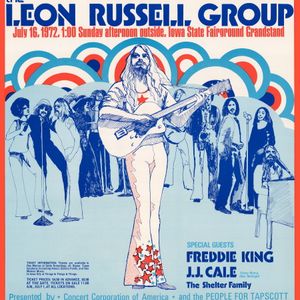 A tour poster for The Leon Russell Group advertises the group appearing at the Iowa State Fairgrounds with special guest JJ Cale.