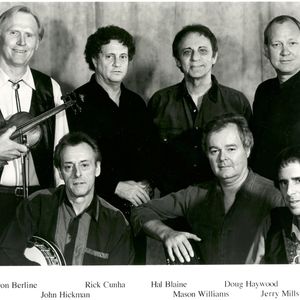 Mason Williams with his bluegrass band in 1995 (Left to Right) Byron Berline (top), John Hickman (bottom), Rick Cunha (top), Hal Blaine (top), Mason Williams (bottom), Doug Haywood  (top), Jerry Mills (bottom)