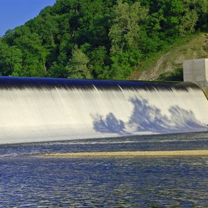 Water rushes over the spillway at Spavinaw Area at Grand Lake State Park.