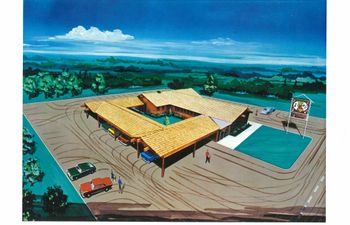 A rendering of Conway Twitty's Twitty Burger restaurant in Oklahoma City reveals what the property would look like from above.  Notice that the wrap-around drive-in carport is shaped like the letter C while the restaurant itself is shaped like the letter T.