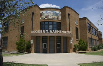 Exterior of the original entrance to Booker T. Washington High School located at 1514 E Zion St. in Tulsa, Oklahoma