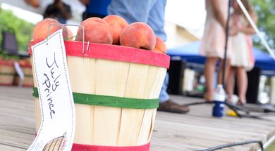 Local businesses and charitable citizens place their bids on bushels of peaches during the annual peach auction. Photo by Tegan Burkhard.