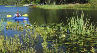 The 80-acre Clayton Lake is a quiet, peaceful place for a kayak ride.