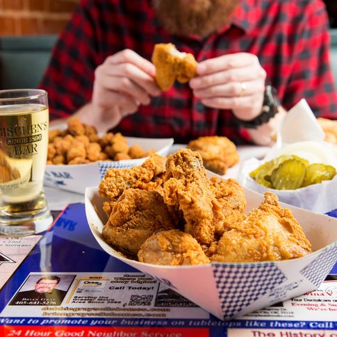 Enjoy fried chicken from longstanding institution Eischen's Bar in Okarche.