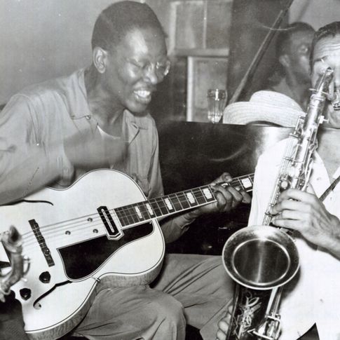 Sam Hughes, Charlie Christian, Leslie Sheffield and Dick Wilson at a jam session at Ruby's Grill in Oklahoma City.