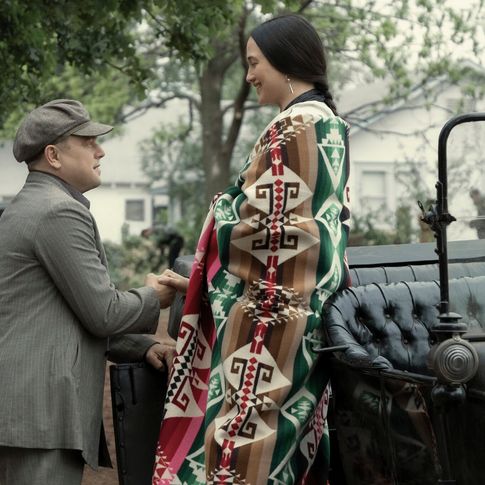 Still of Leonardo DiCaprio and Lily Gladstone in Martin Scorsese's "Killers of the Flower Moon," filmed in Oklahoma's Osage County.