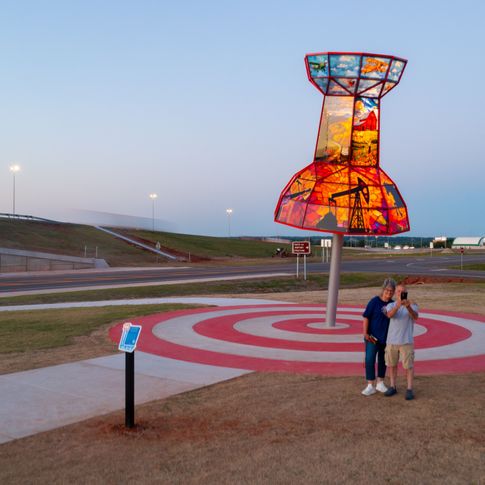 The Route 66 Push Pin in Wellston marks the midpoint of Route 66 in Oklahoma.