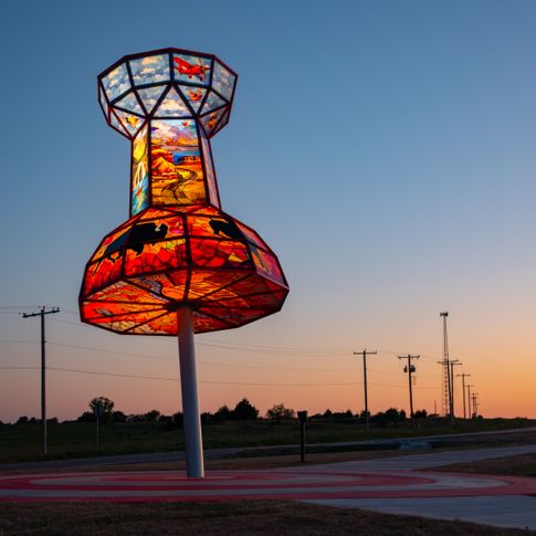 The Route 66 Push Pin in Wellston stands at the midpoint of Route 66 in Oklahoma.
