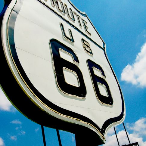 A large eye-catching Route 66 sign welcomes visitors to the National Route 66 Museum in Elk City.
