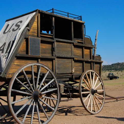 An authentic stagecoach stands on the grounds of Hitching Post Lodging &amp; Ranch in Kenton. Guests can stay at the ranch and enjoy horseback riding in the great outdoors.