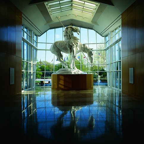 The monumental &quot;End of the Trail&quot; sculpture by James Earle Fraser is perfectly framed near the entrance of the National Cowboy &amp; Western Heritage Museum in Oklahoma City.