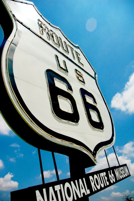 A large eye-catching Route 66 sign welcomes visitors to the National Route 66 Museum in Elk City.