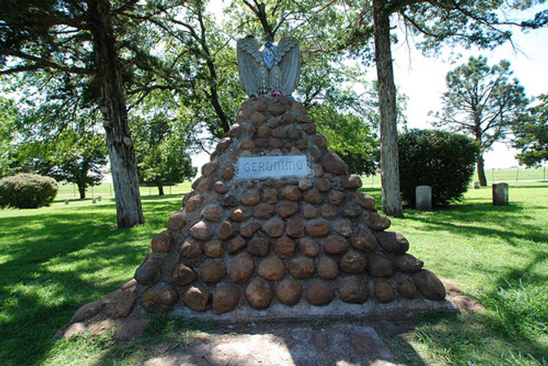 Famous Apache warrior Geronimo and his family are buried at Fort Sill in Lawton where he spent the last several years of his life.  Visitors bring decorations and small gifts to this gravesite to honor Geronimo.