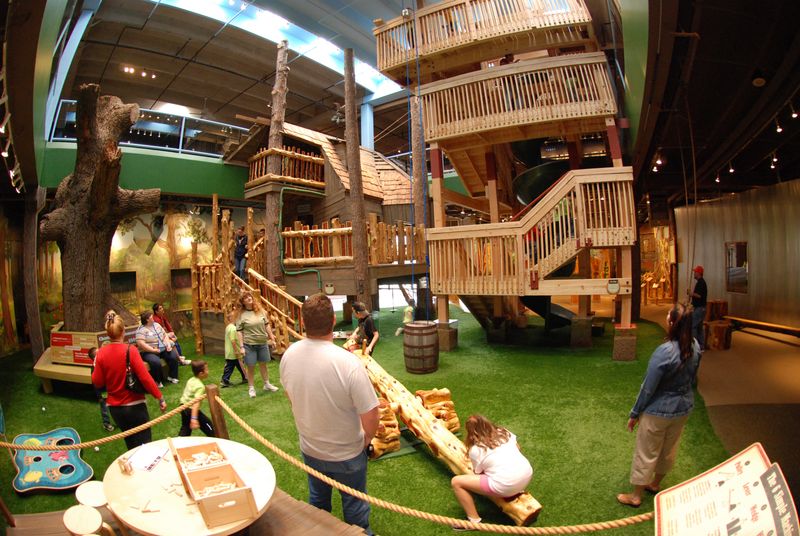 A two-story treehouse welcomes guests to the Gadget Trees exhibit at Science Museum Oklahoma.  Visitors can slide down one of the nation's tallest spiral slide and learn about simple machines, like a lever cleverly disguised as a teeter-totter.