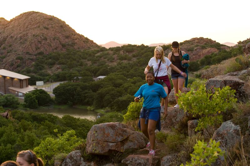 The Wichita Mountains of Quartz Mountain State Park offer several trails of varying length for beginner to intermediate hikers. Rock hopping and rock climbing opportunities also abound in this area.