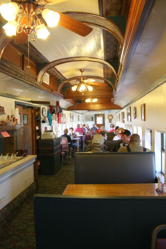 The interior of the Southern Belle Restaurant, a refurbished railway car in Heavener, adds to the dining experience.