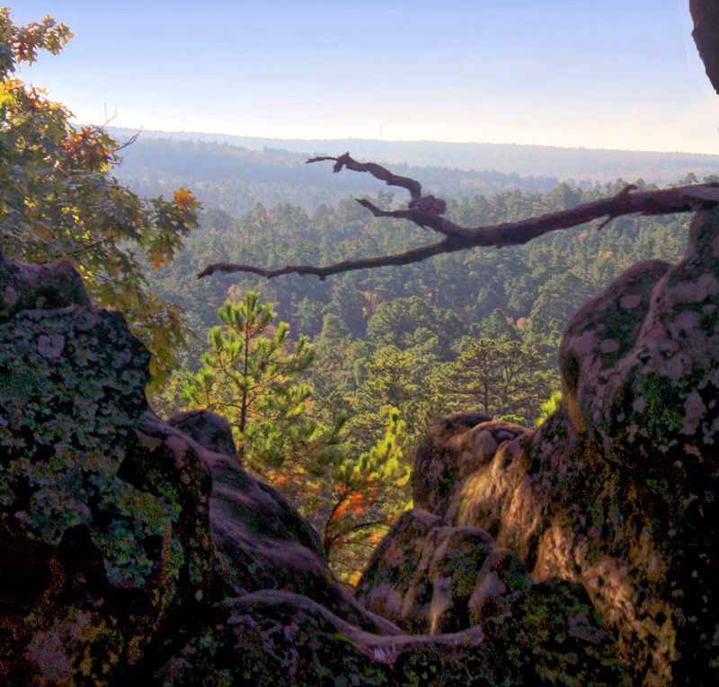 The beauty of the Sans Bois Mountains is captured from an overlook at Robbers Cave State Park in Wilburton. The park offers a lodge, historic cabins, camping, hiking, Lake Carlton with swim beach and canoe rentals, rock climbing, horseback riding, and a nature center.