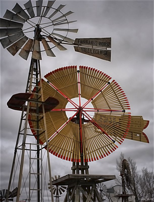 A variety of antique windmills are on display at the Shattuck Windmill Museum and Park in northwestern Oklahoma.  The windmills helped Oklahoma's pioneers and settlers water their livestock and crops.