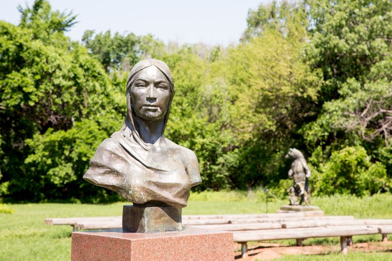 More than 40 bronze busts pay tribute to acclaimed Native Americans in an outdoor section of the National Hall of Fame for Famous American Indians.