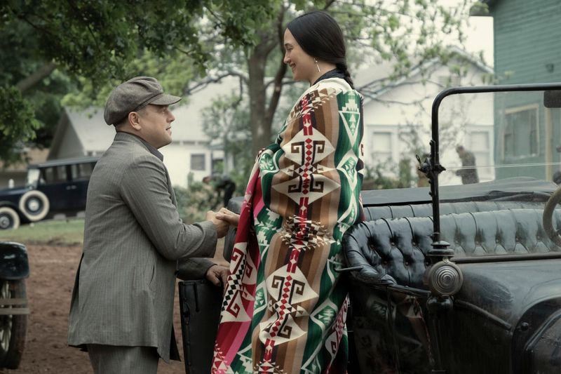 Still of Leonardo DiCaprio and Lily Gladstone in Martin Scorsese's "Killers of the Flower Moon," filmed in Oklahoma's Osage County.