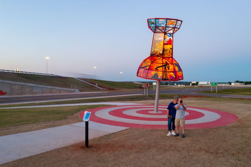 The Route 66 Push Pin in Wellston marks the midpoint of Route 66 in Oklahoma.