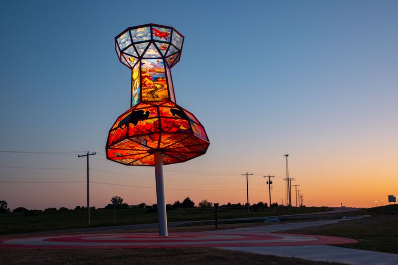 The Route 66 Push Pin in Wellston stands at the midpoint of Route 66 in Oklahoma.