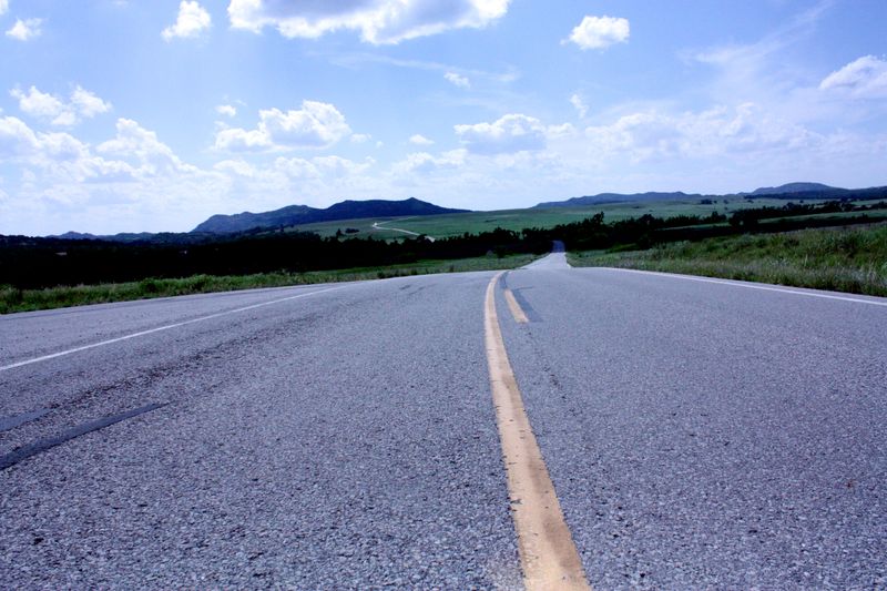 The Wichita Mountains of southwest Oklahoma rise from the prairie.