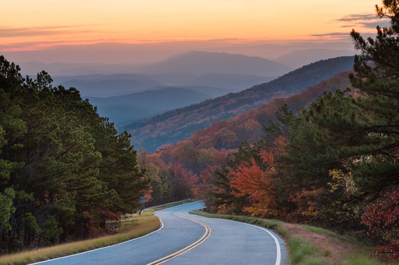 The Talimena National Scenic Byway in southeast Oklahoma displays beautiful bursts of color every fall.