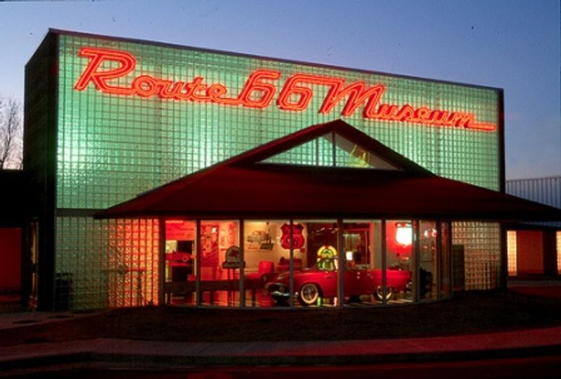 Oklahoma Route 66 Museum, red and blue neon retro displays