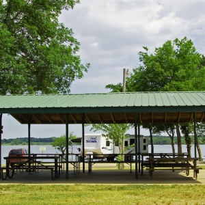 A lakeside picnic pavilion for larger groups.
