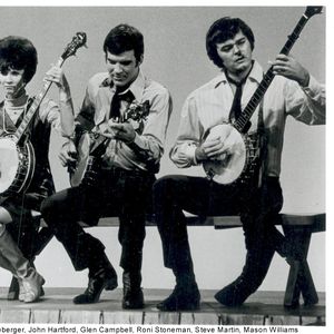 (Left to Right) Don Lineberger, John Hartford, Glen Campbell, Roni Stoneman, Steve Martin and Mason Williams performing in the Summer Smothers brothers Show which aired in September, 1968