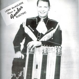 Leon McAuliffe pictured in a signed advertisement for Fender Electric guitars