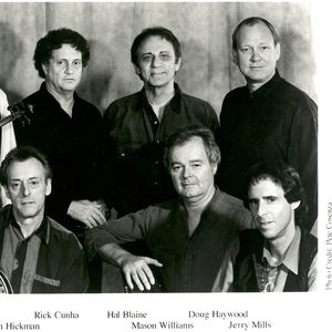 Mason Williams with his bluegrass band in 1995 (Left to Right) Byron Berline (top), John Hickman (bottom), Rick Cunha (top), Hal Blaine (top), Mason Williams (bottom), Doug Haywood  (top), Jerry Mills (bottom)