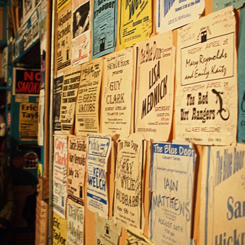 Music posters cover the walls at The Blue Door in Oklahoma City. 