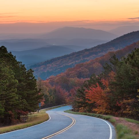 The Talimena National Scenic Byway in southeast Oklahoma displays beautiful bursts of color every fall.