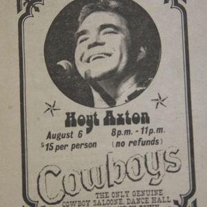 A 1980 newspaper ad for a live show by Hoyt Axton at Cowboys Dance Hall in Oklahoma City.